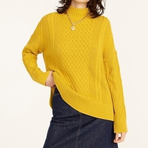 J. Crew Chunky Cable Knit Mock Neck Sweater Preppy Mustard Yellow Golden S - Picture 1 of 14